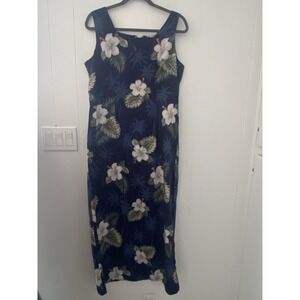 Vintage Y2K Pacific Legend Hawaiian Floral Maxi Dress Navy Blue Hibiscus (M)